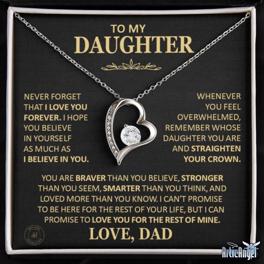 Unique Gift for Daughter From Dad "Never Forget That I Love You" Heart Necklace Jewelry 14k White Gold Finish Two-Toned Gift Box