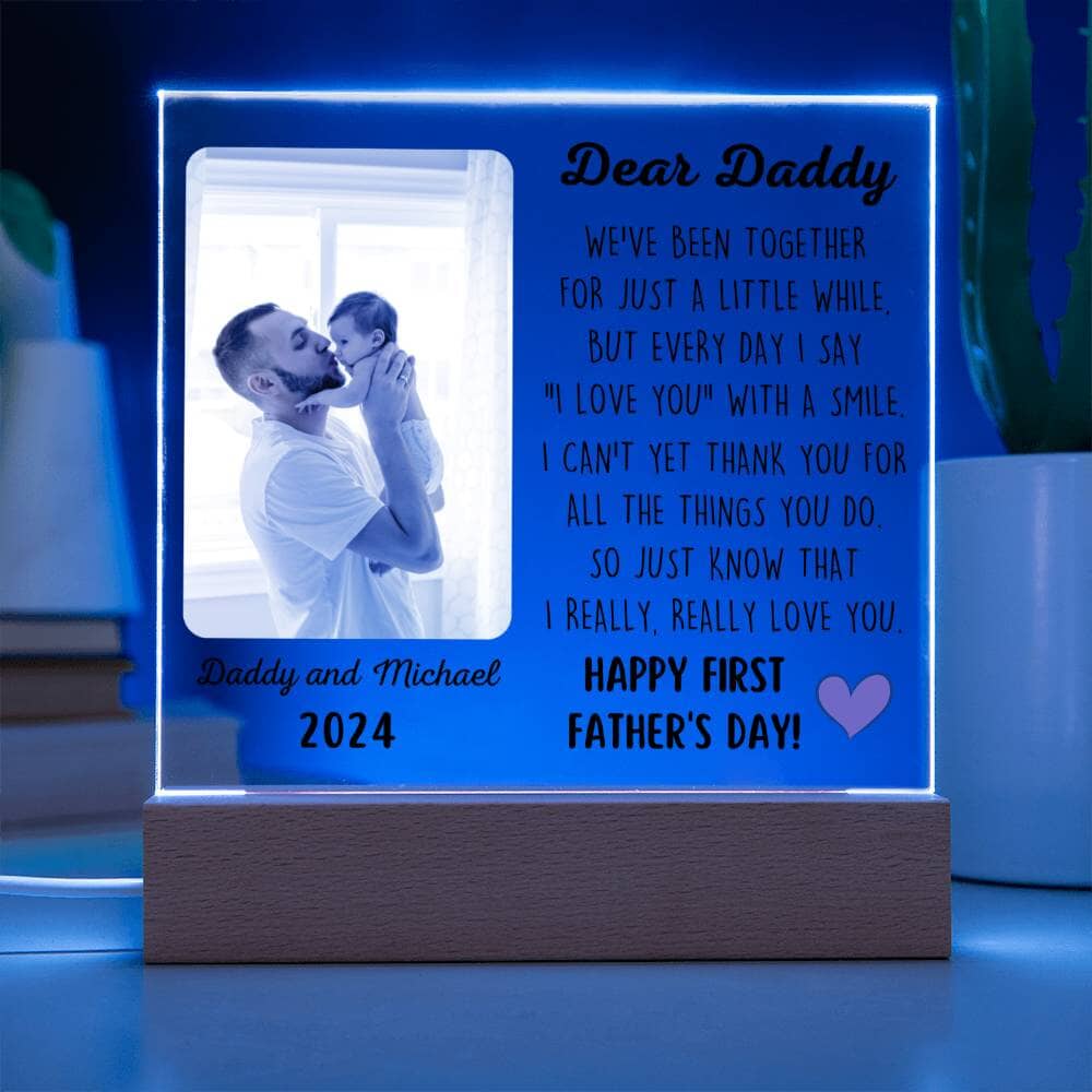 First Father's Day Gift For New Dad "I Love You With A Smile" Acrylic Plaque: A One of a Kind Keepsake Jewelry Lighted Wooden Base With LED (Best Seller)