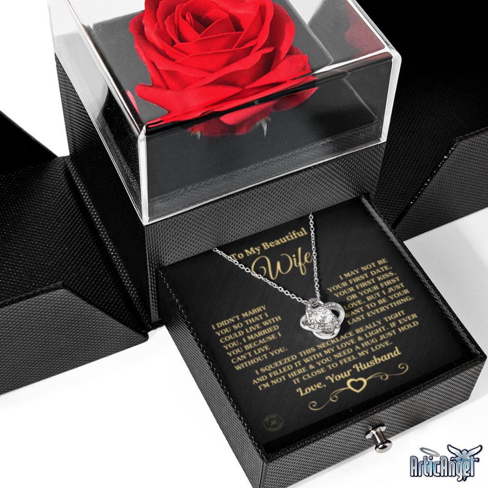 Unique Gift for Wife "I Can't Live Without You" Rose Surprise Gold Knot Necklace Jewelry 14k White Gold Finish