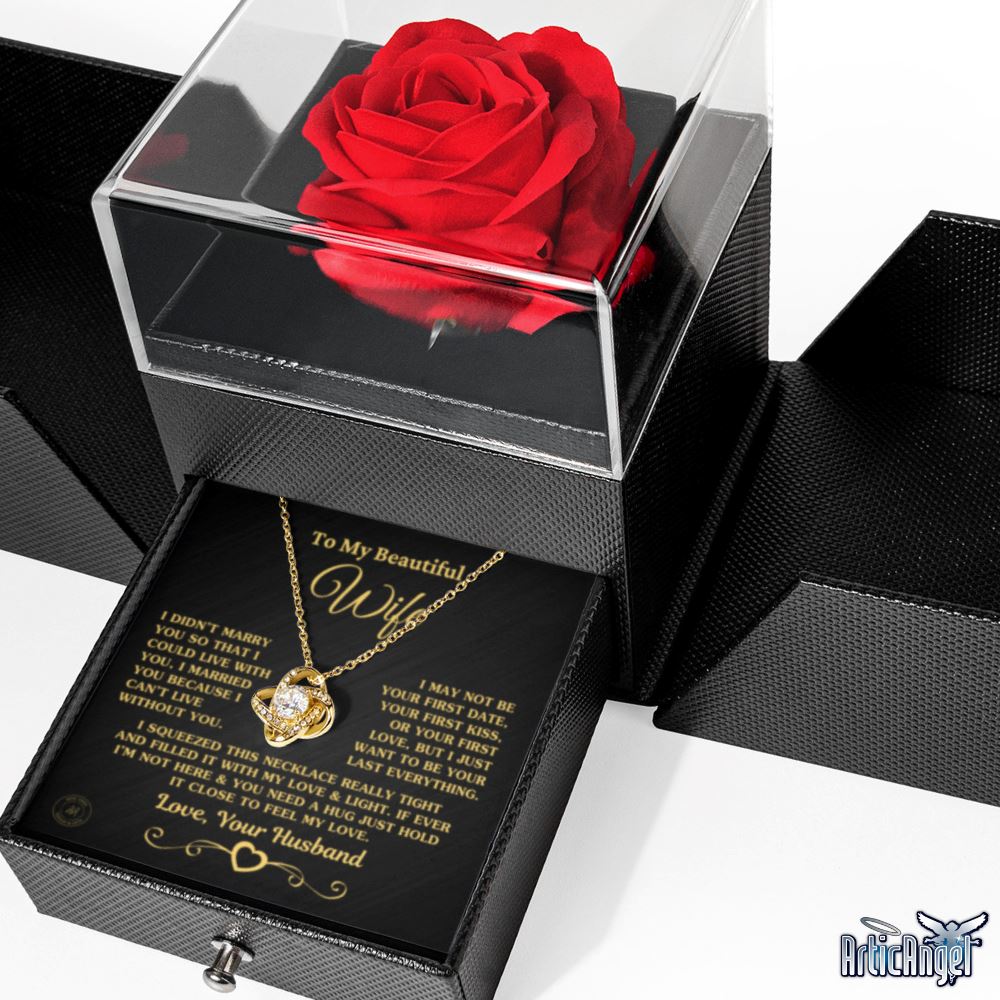 Unique Gift for Wife "I Can't Live Without You" Rose Surprise Gold Knot Necklace Jewelry 18k Yellow Gold Finish