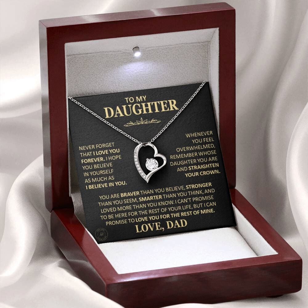 Unique Gift for Daughter From Dad "Never Forget That I Love You" Heart Necklace Jewelry 14k White Gold Finish Mahogany Style Luxury Box (w/LED)