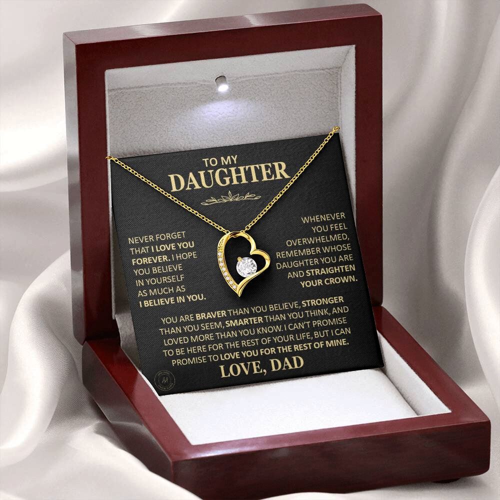 Unique Gift for Daughter From Dad "Never Forget That I Love You" Heart Necklace Jewelry 18k Yellow Gold Finish Mahogany Style Luxury Box (w/LED)