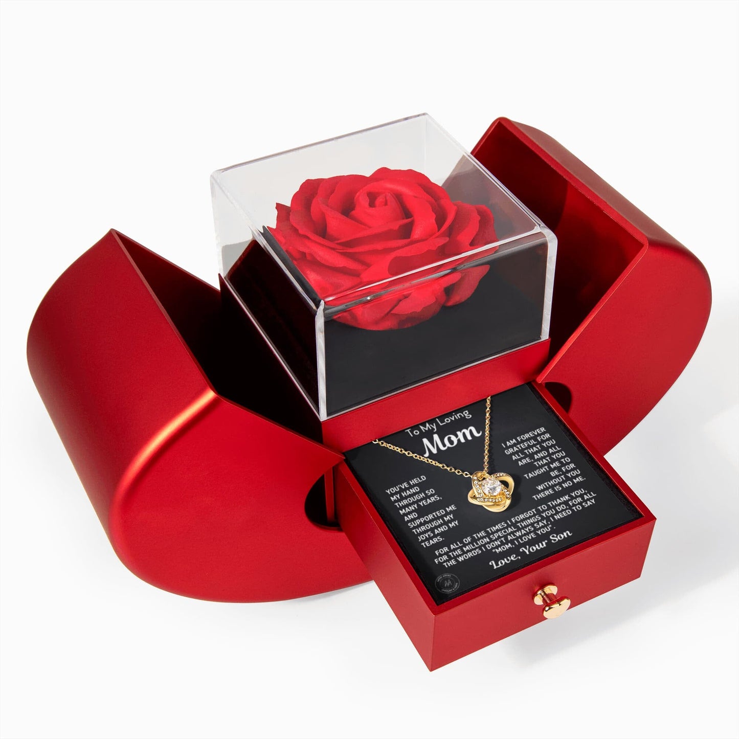 Gift for Mom From Son - "Without You There Is No Me" Necklace With Heart Box and Red Rose Surprise Jewelry