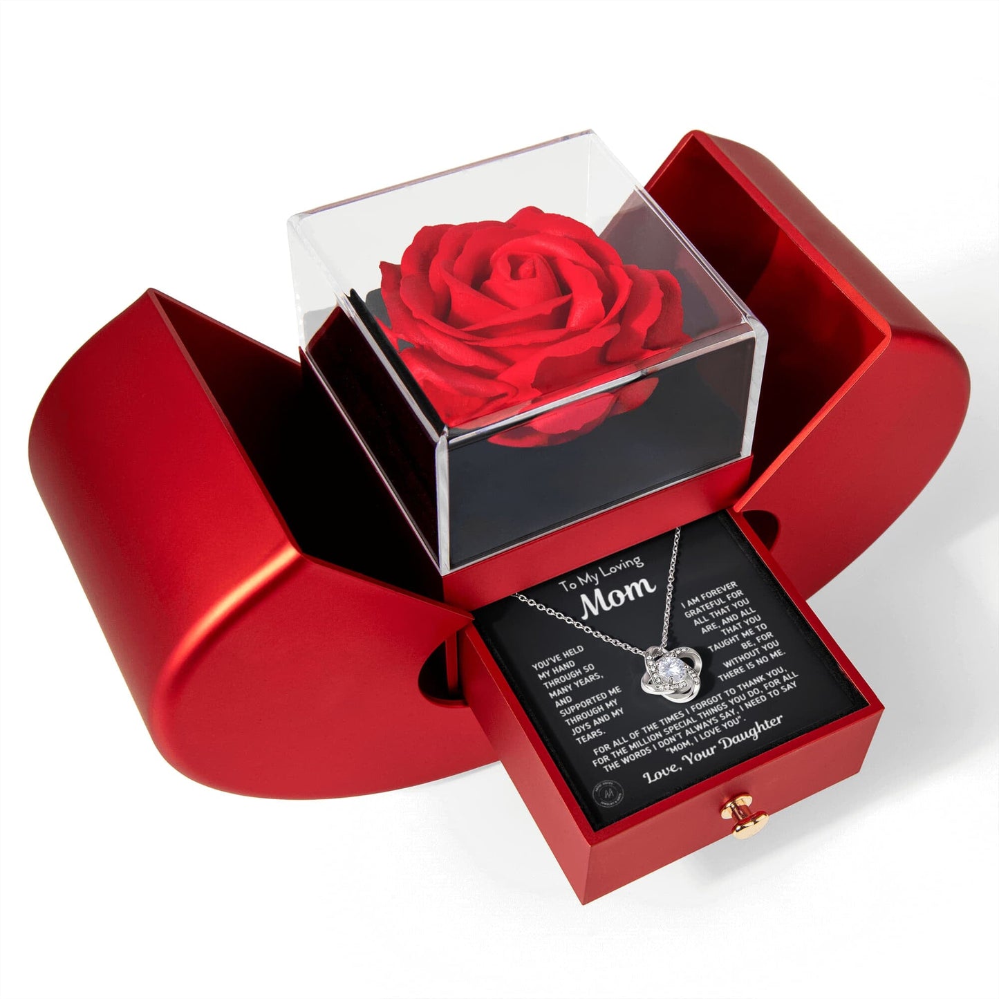 Gift for Mom From Daughter - "Without You There Is No Me" Necklace With Heart Box and Red Rose Surprise Jewelry 14k White Gold Finish