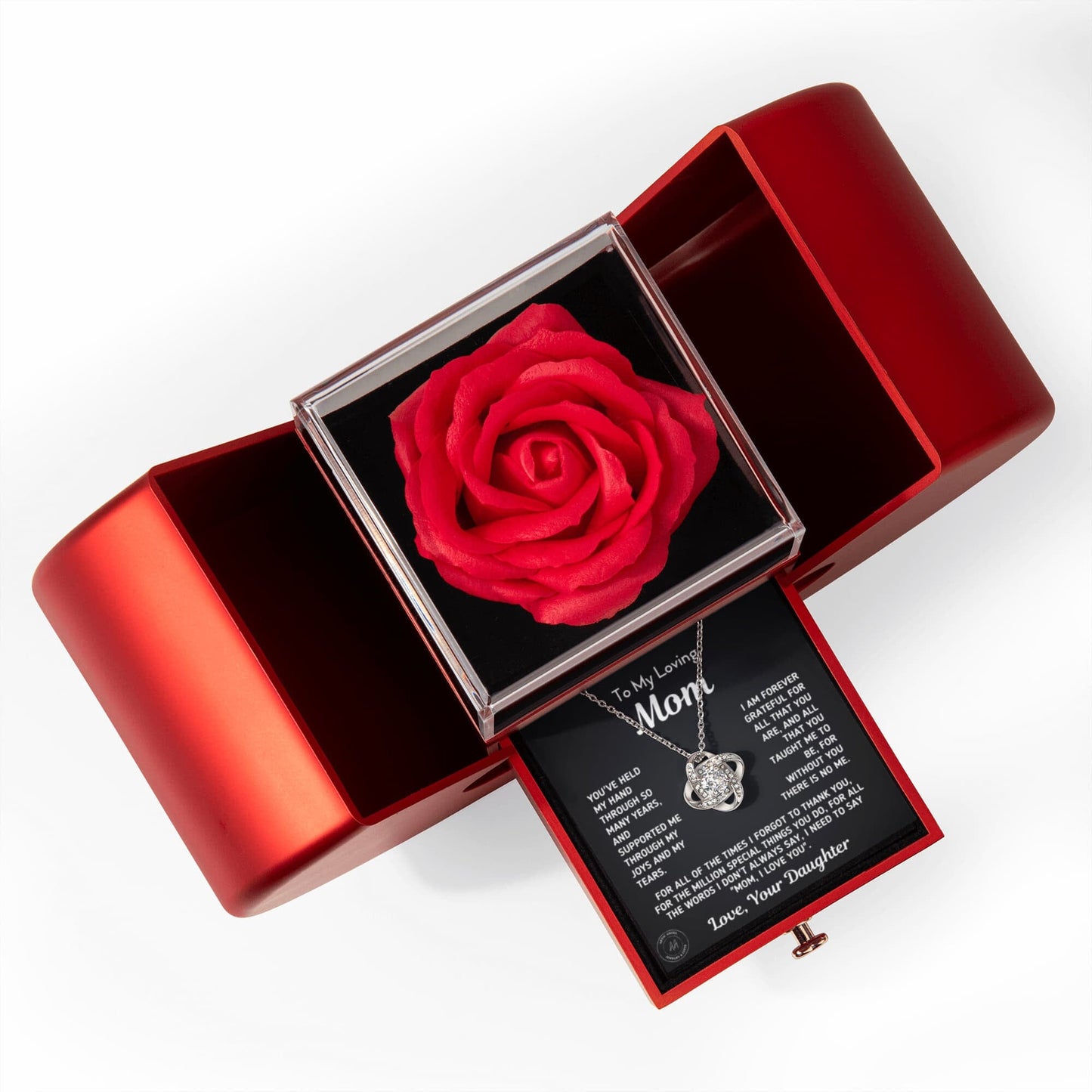 Gift for Mom From Daughter - "Without You There Is No Me" Necklace With Heart Box and Red Rose Surprise Jewelry