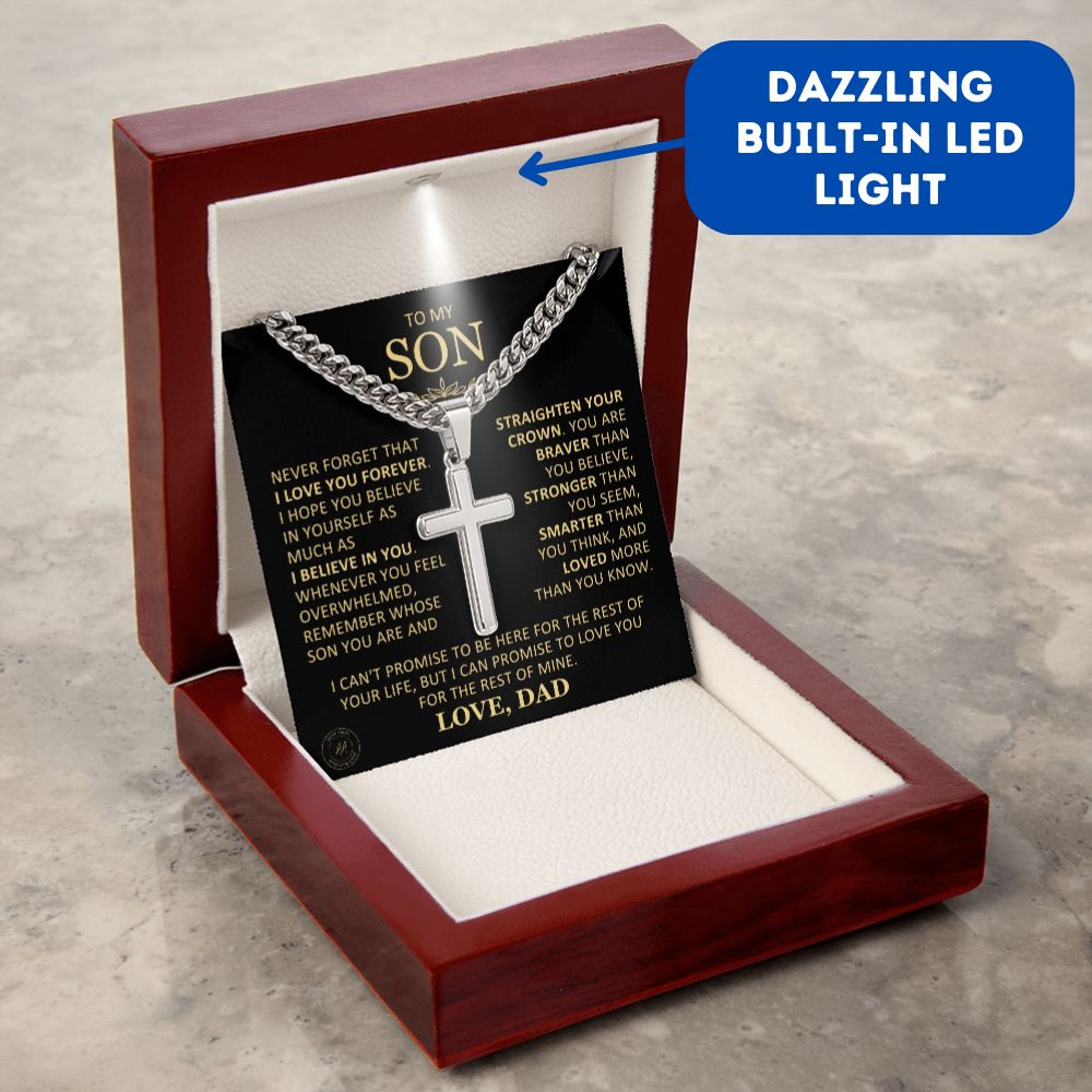 Beautiful Gift for Son From Dad "Never Forget That I Love You" Cross Necklace On Cuban Chain Jewelry