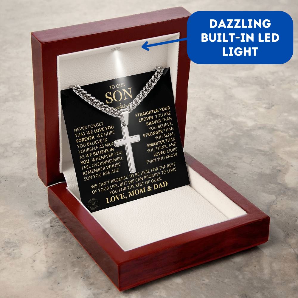 Beautiful Gift for Son From Mom "Never Forget That I Love You" Cross Necklace On Cuban Chain Jewelry