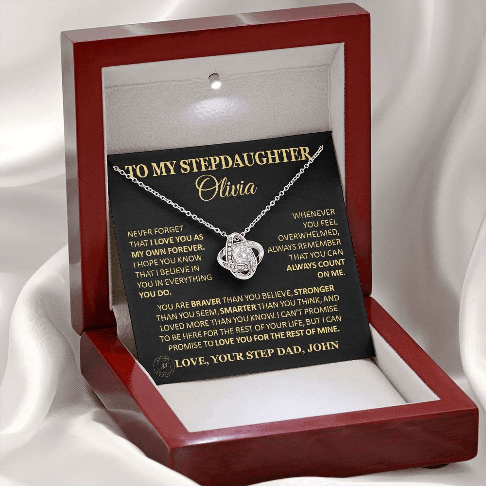 Gift For Stepdaughter "Never Forget That I Love You" Custom Necklace Jewelry 14K White Gold Finish Mahogany Style Luxury Box (w/LED)