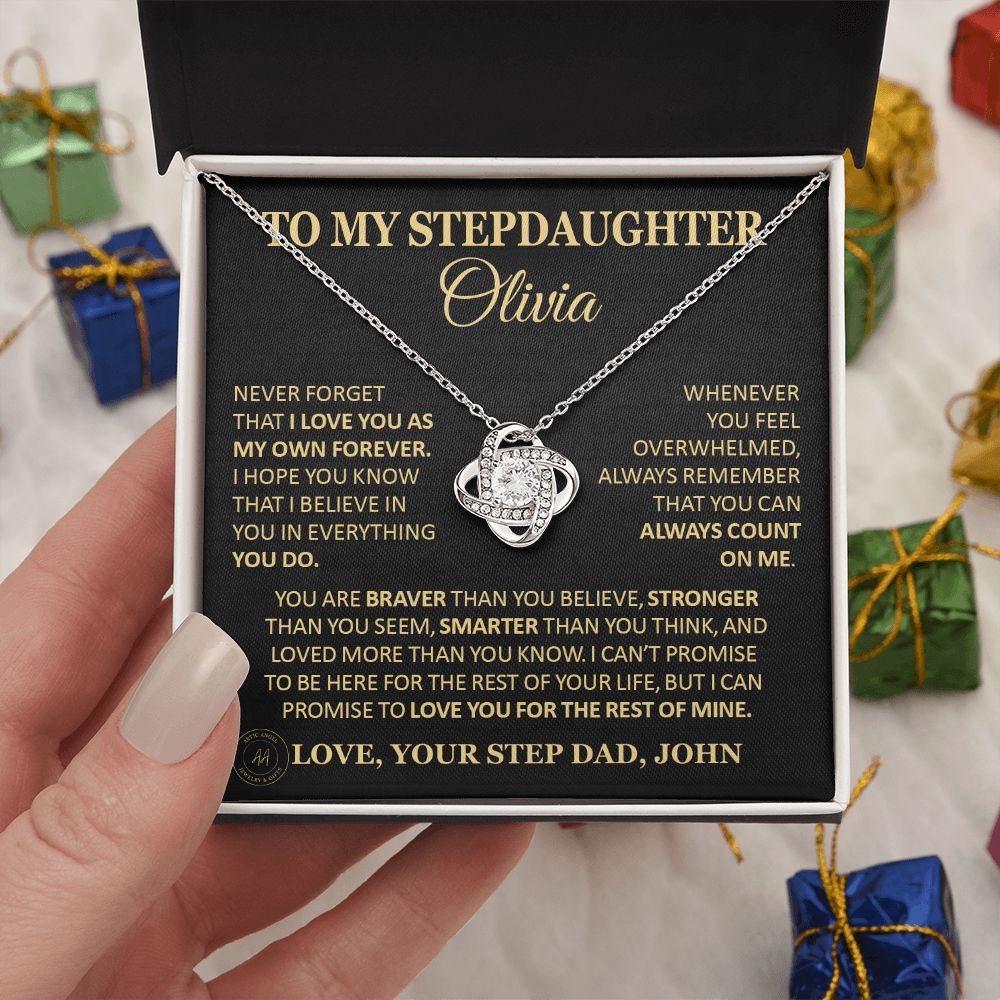 Gift For Stepdaughter "Never Forget That I Love You" Custom Necklace Jewelry 14K White Gold Finish Two-Toned Gift Box