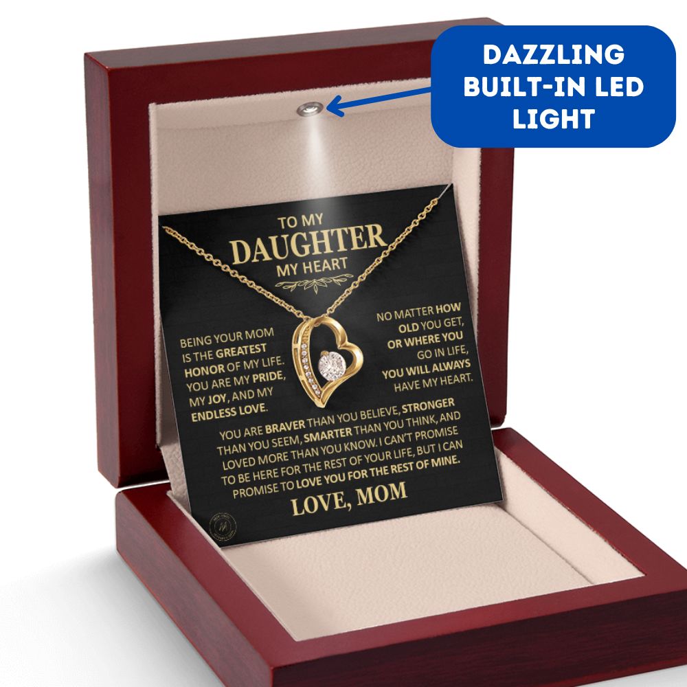 Beautiful Gift for Daughter From Mom "You Will Always Have My Heart" Heart Necklace Jewelry 18k Yellow Gold Finish Mahogany Style Luxury Box (w/LED)