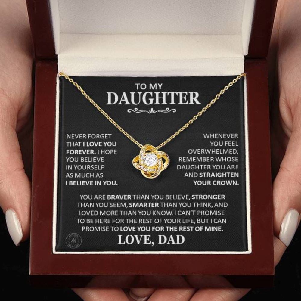 Beautiful Gift for Daughter From Dad "Never Forget That I Love You Forever" Classic Necklace Jewelry 18K Yellow Gold Finish Mahogany Style Box w/ LED Light (Best Seller)