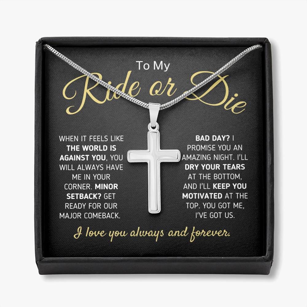 "To My Ride Or Die - You Got Me, I Got Us" Cross Necklace Jewelry Two-Toned Gift Box