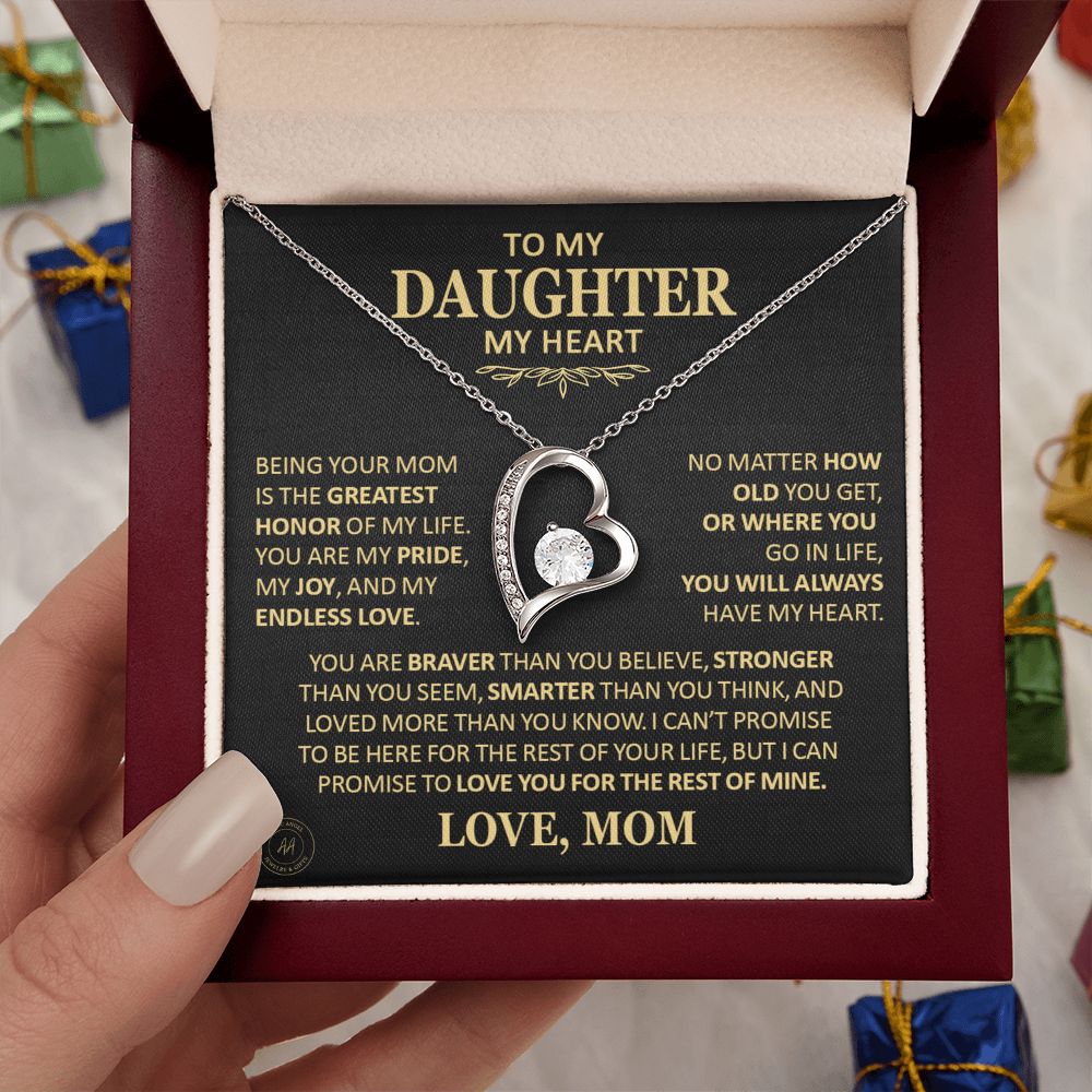 Beautiful Gift for Daughter From Mom "You Will Always Have My Heart" Heart Necklace Jewelry 14k White Gold Finish Mahogany Style Luxury Box (w/LED)