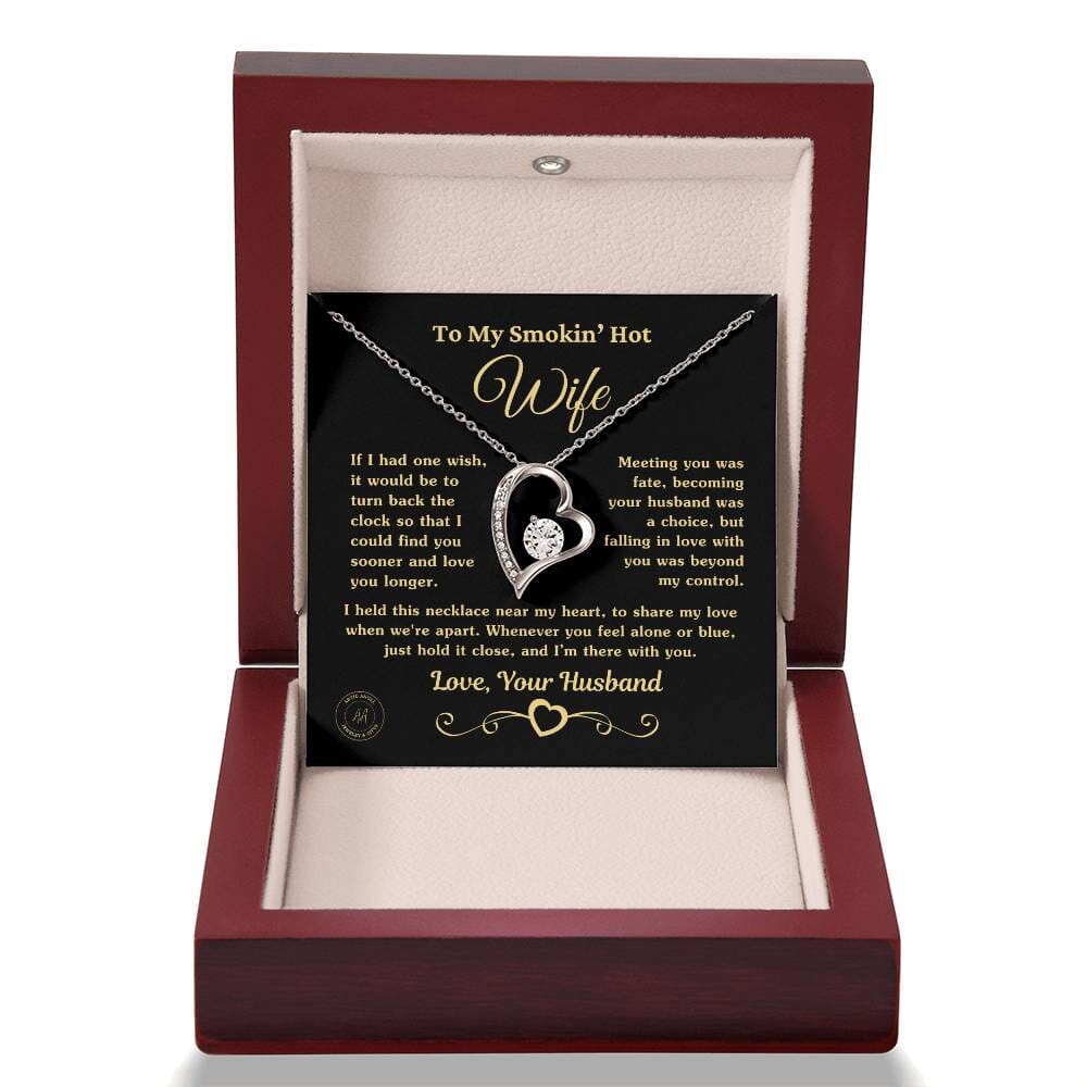 Gift for Smokin Hot Wife "If I Had One Wish" Heart Necklace Jewelry 14k White Gold Finish Mahogany Style Luxury Box (w/LED)