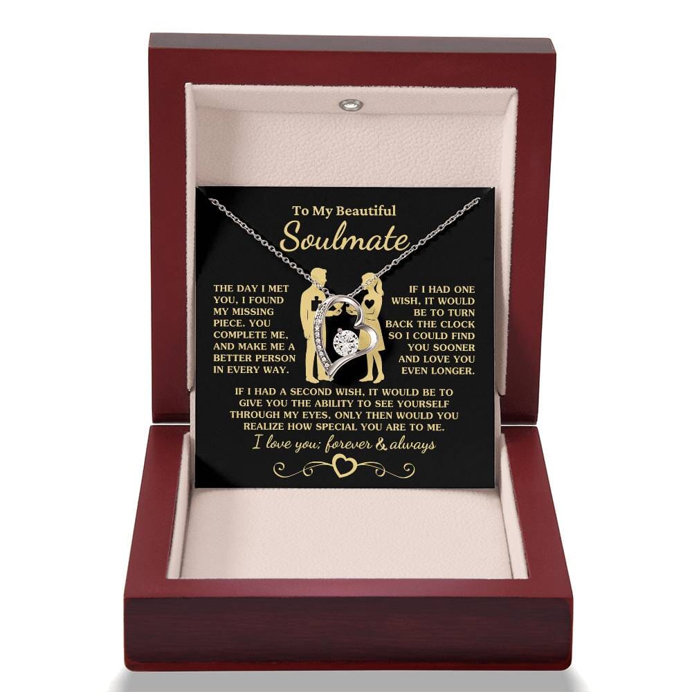 Gift for Soulmate "You Complete Me" Heart Necklace Jewelry 14k White Gold Finish Mahogany Style Luxury Box (w/LED)