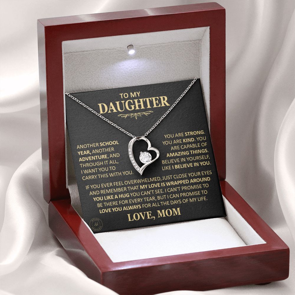 Beautiful Gift for Daughter From Mom "Another School Year, Another Adventure" Heart Necklace Jewelry 14k White Gold Finish Mahogany Style Luxury Box (w/LED)