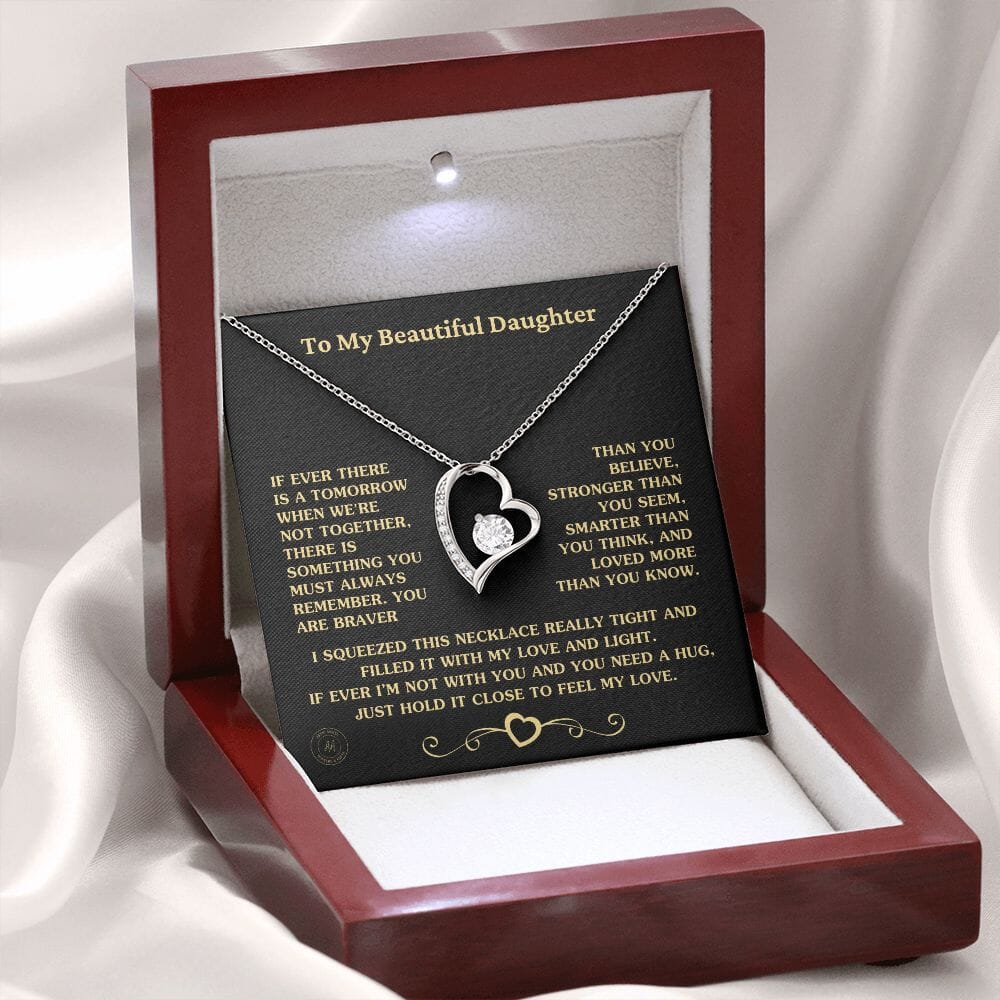 Gift For Daughter "Always Keep Me In Your Heart" Custom Necklace Jewelry 14k White Gold Finish Mahogany Style Luxury Box (w/LED)