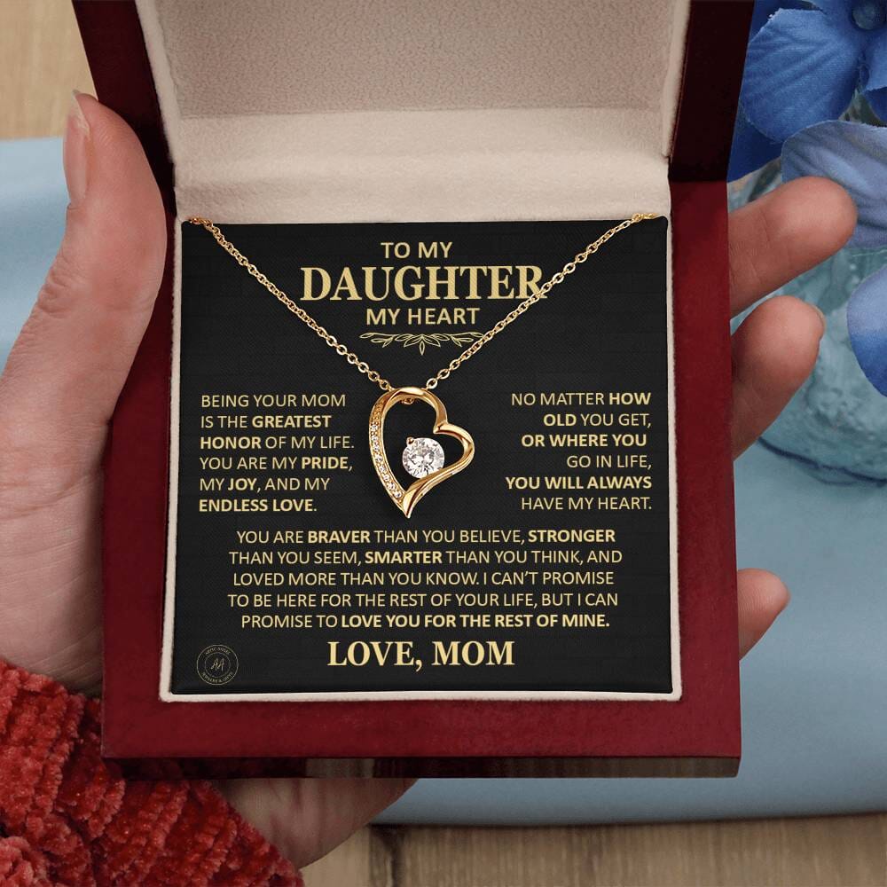 Beautiful Gift for Daughter From Mom "You Will Always Have My Heart" Heart Necklace Jewelry 18k Yellow Gold Finish Mahogany Style Luxury Box (w/LED)