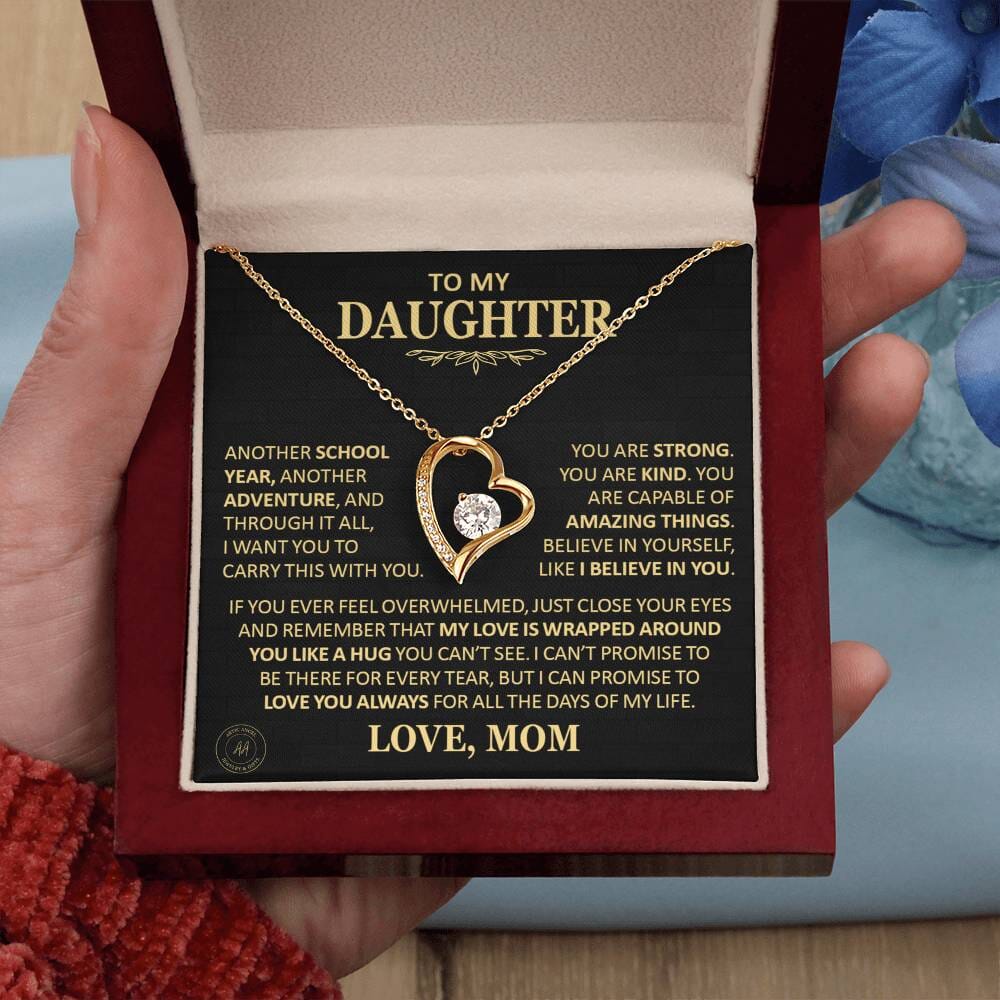 Beautiful Gift for Daughter From Mom "Another School Year, Another Adventure" Heart Necklace Jewelry 18k Yellow Gold Finish Mahogany Style Luxury Box (w/LED)