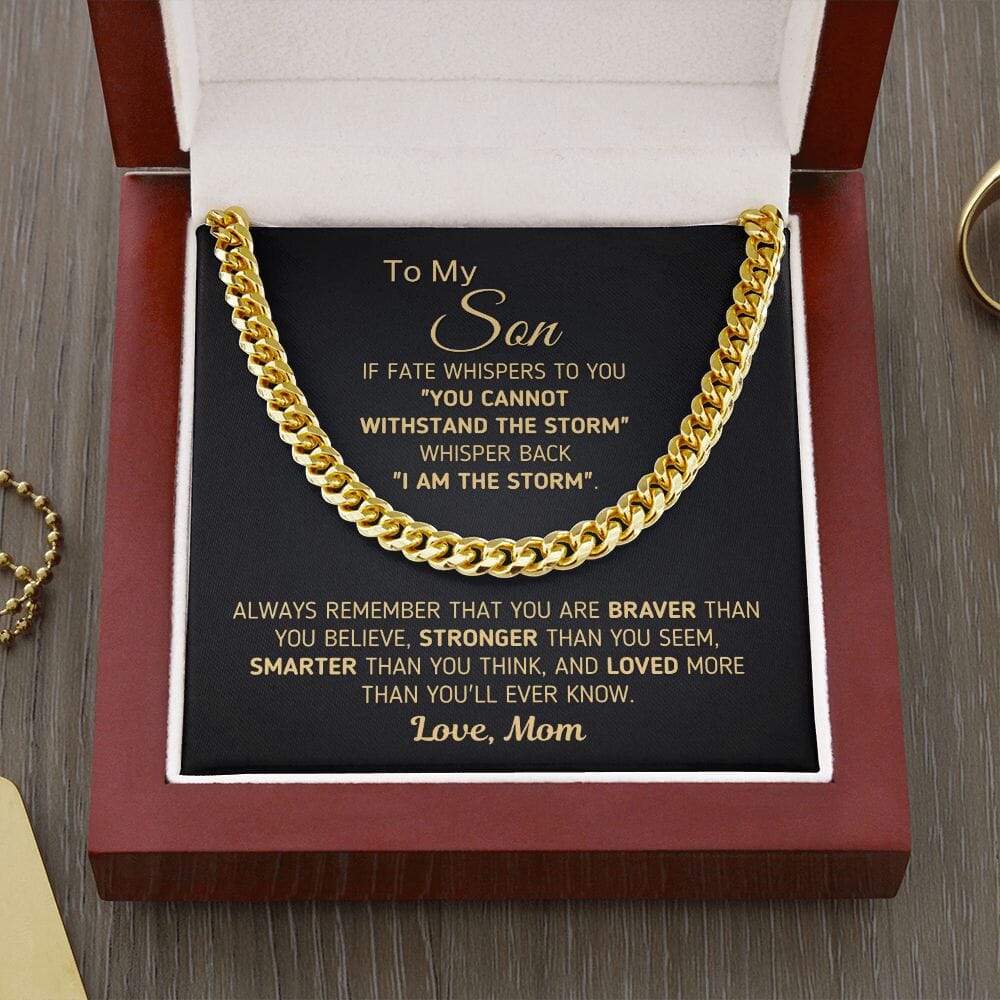 Powerful Gift for Son From Mom "I Am The Storm" Chain Necklace Jewelry 14K Yellow Gold Finish Mahogany Style Luxury Box (w/LED)