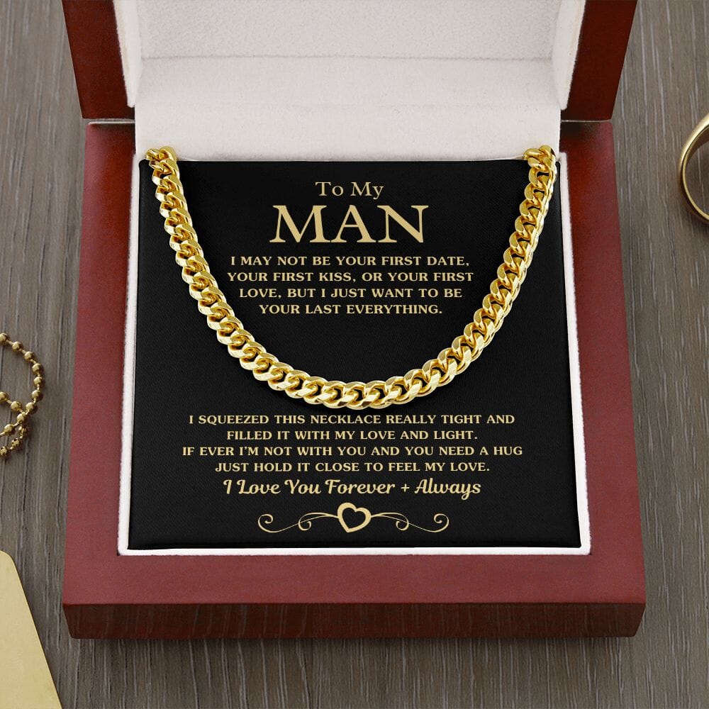 To My Man "Your Last Everything" Necklace and Message Card Jewelry 14K Yellow Gold Finish Mahogany Style Luxury Box (w/LED)