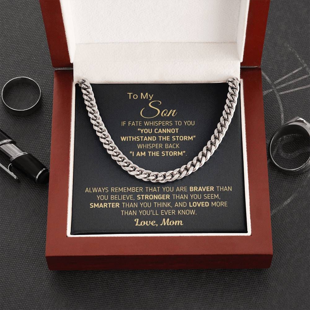 Powerful Gift for Son From Mom "I Am The Storm" Chain Necklace Jewelry 14K Yellow Gold Finish Two-Toned Gift Box