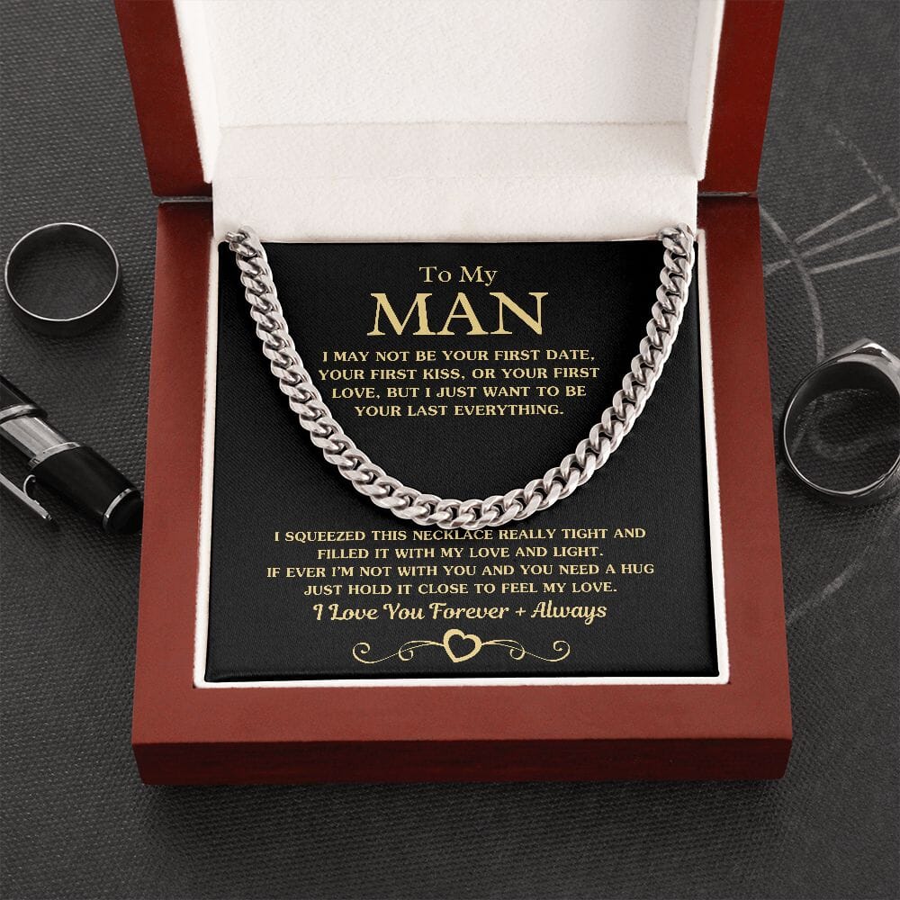 To My Man "Your Last Everything" Necklace and Message Card Jewelry Stainless Steel Mahogany Style Luxury Box (w/LED)