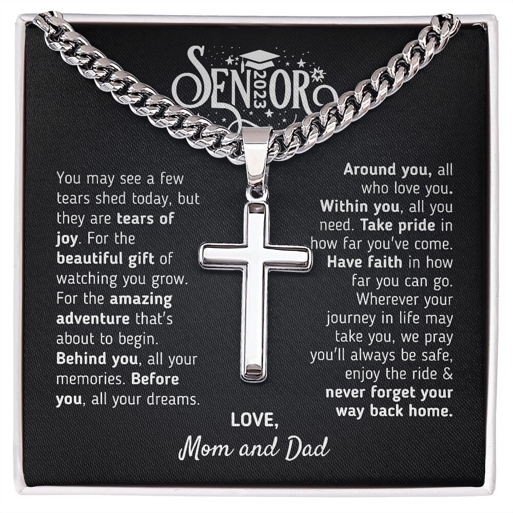 Graduation Gift For Son 2023 "The Beautiful Gift" Love, Mom and Dad Cross Necklace Jewelry Two-Toned Gift Box