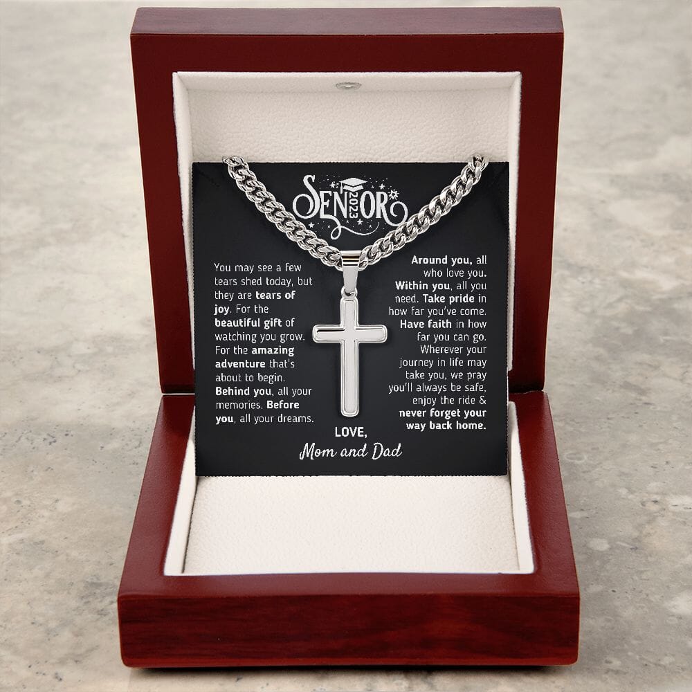 Graduation Gift For Son 2023 "The Beautiful Gift" Love, Mom and Dad Cross Necklace Jewelry Mahogany Style Luxury Box (w/LED)