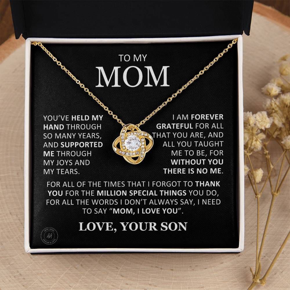 Beautiful Gift for Mom From Son "Without You There Is No Me" Knot Necklace Jewelry 18K Yellow Gold Finish Two-Toned Gift Box