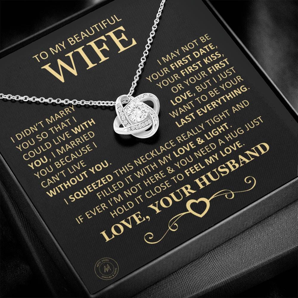 Unique Gift for Wife "I Can't Live Without You" Knot Necklace Jewelry 14K White Gold Finish Two-Toned Gift Box