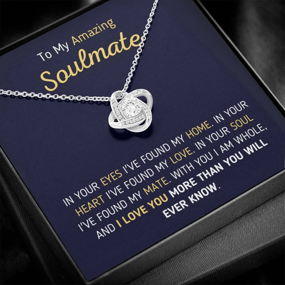 Unique Soulmate Gift "To My Amazing Soulmate - In Your Eyes I've Found My Home" Knot Necklace Jewelry 14K White Gold Finish Two-Toned Gift Box