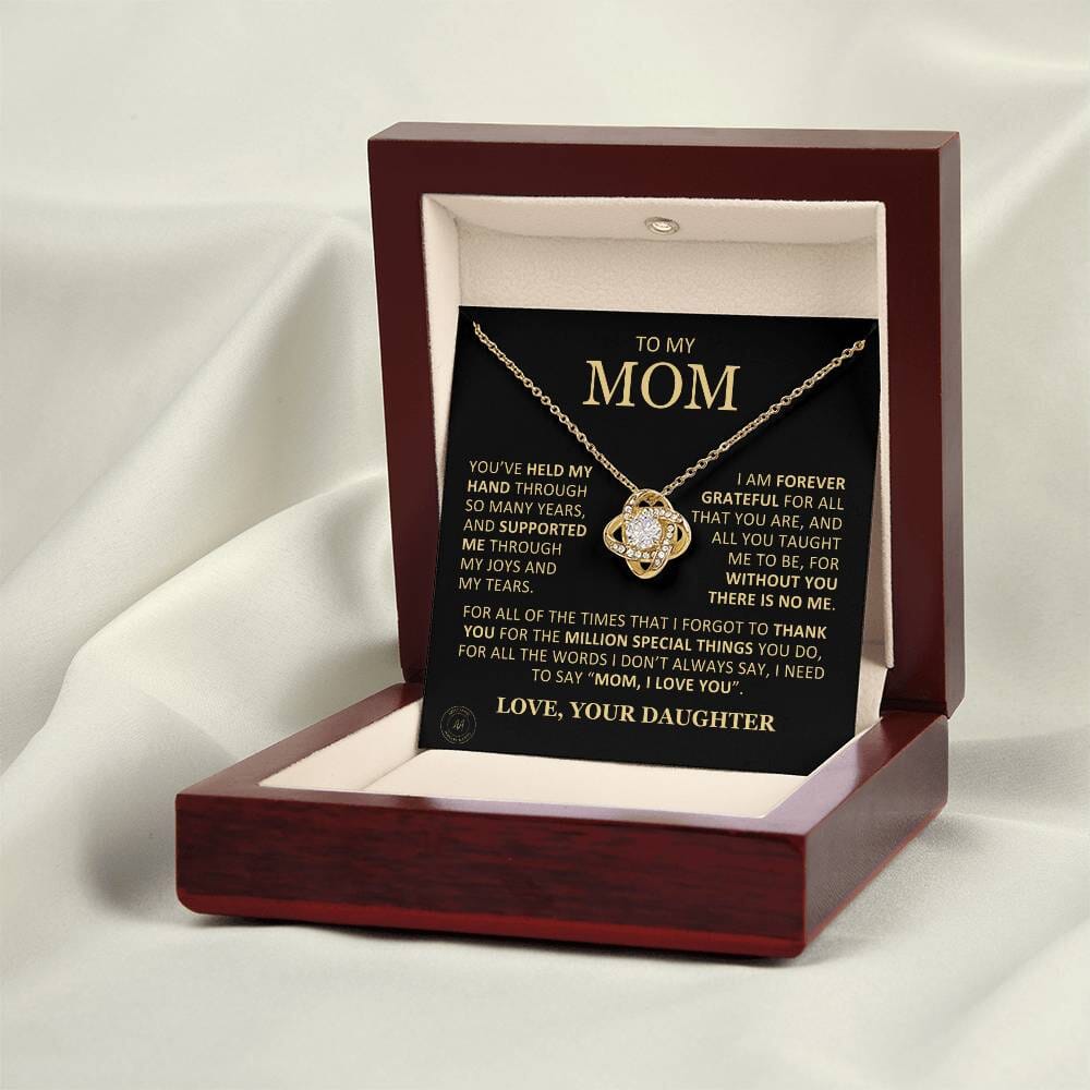 Beautiful Gift for Mom From Daughter "Without You There Is No Me" Knot Necklace Jewelry 18K Yellow Gold Finish Mahogany Style Luxury Box (w/LED)