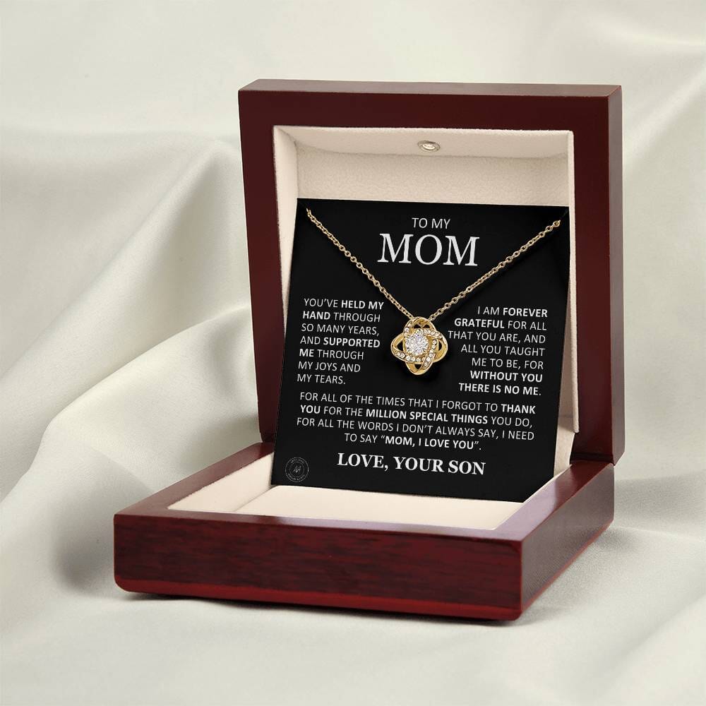 Beautiful Gift for Mom From Son "Without You There Is No Me" Knot Necklace Jewelry 18K Yellow Gold Finish Mahogany Style Luxury Box (w/LED)