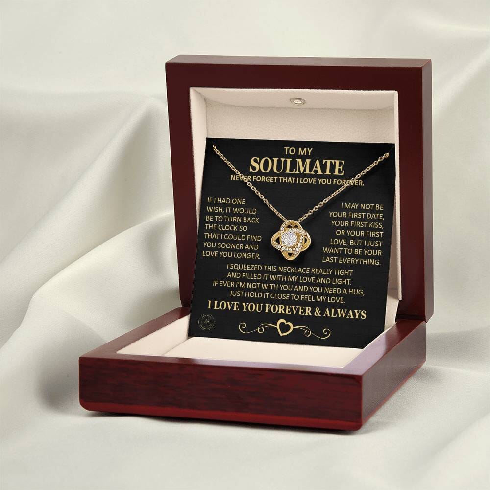 Gift for Soulmate "If I Had One Wish" Gold Knot Necklace Jewelry 18K Yellow Gold Finish Mahogany Style Luxury Box w/ LED Light (Most Popular)