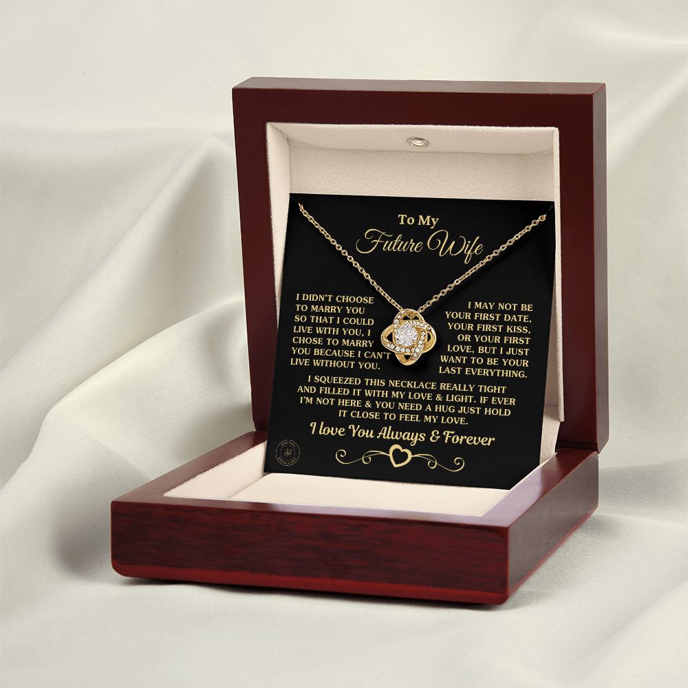 Gift for Future Wife "I Can't Live Without You" Gold Knot Necklace Jewelry 18K Yellow Gold Finish Mahogany Style Luxury Box (w/LED)
