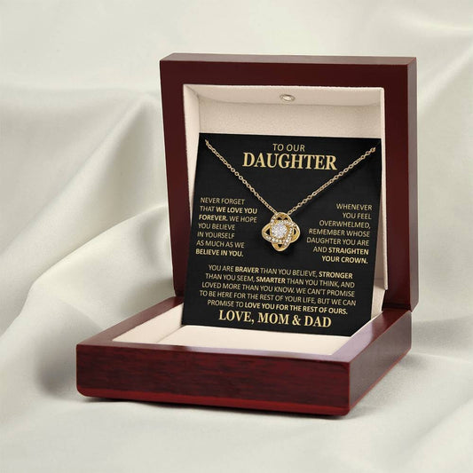 Beautiful Gift for Daughter From Mom and Dad "Never Forget That We Love You" Necklace Jewelry 18K Yellow Gold Finish Mahogany Style Luxury Box (w/LED)