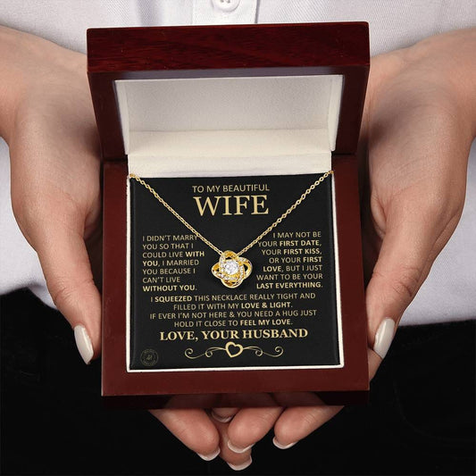 Unique Gift for Wife "I Can't Live Without You" Knot Necklace Jewelry 18K Yellow Gold Finish Mahogany Style Luxury Box (w/LED) 
