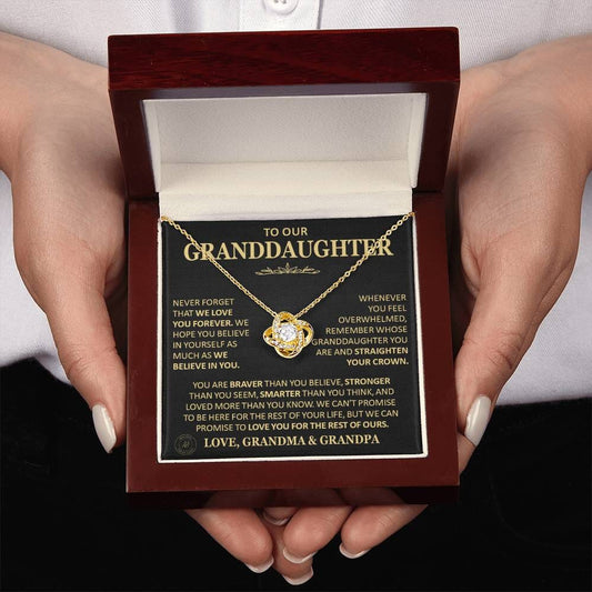 Beautiful Gift for Granddaughter From Grandma and Grandpa "Never Forget That We Love You" Necklace Jewelry 18K Yellow Gold Finish Mahogany Style Luxury Box (w/LED) 