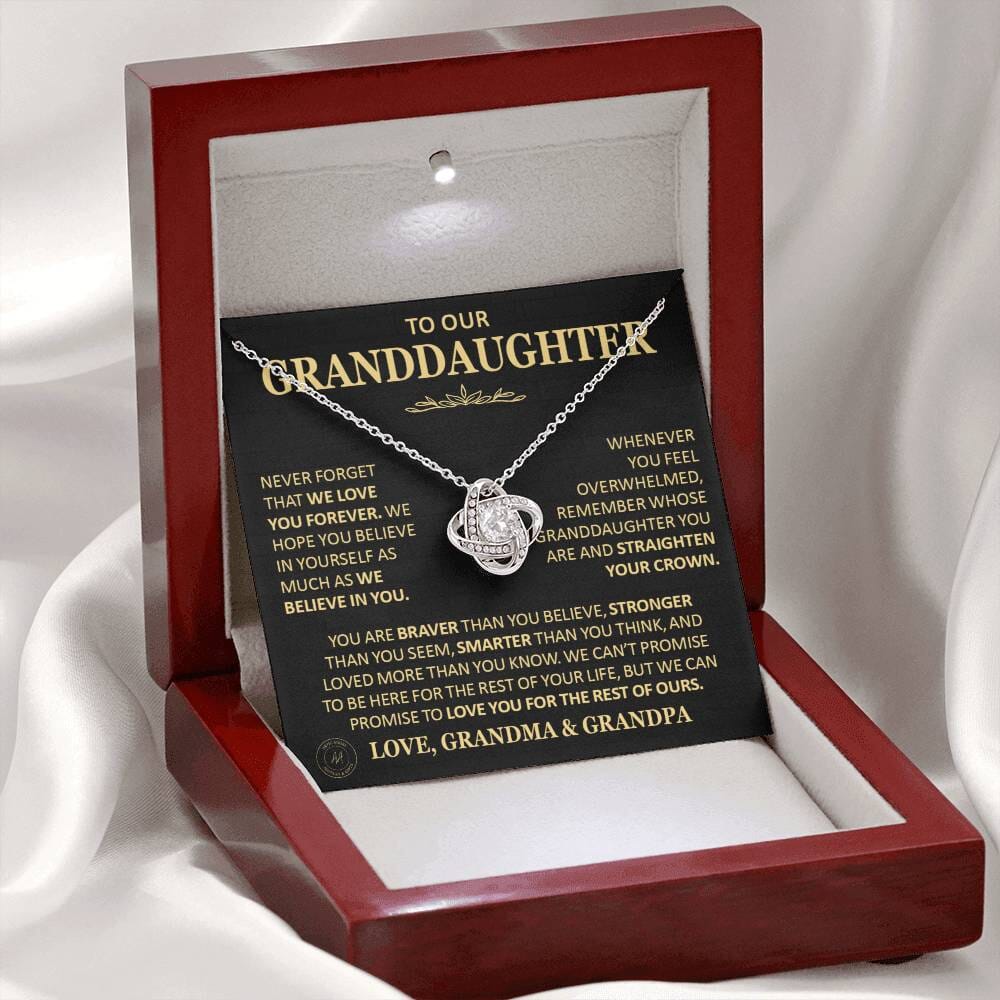 Beautiful Gift for Granddaughter From Grandma and Grandpa "Never Forget That We Love You" Necklace Jewelry 14K White Gold Finish Mahogany Style Luxury Box (w/LED)