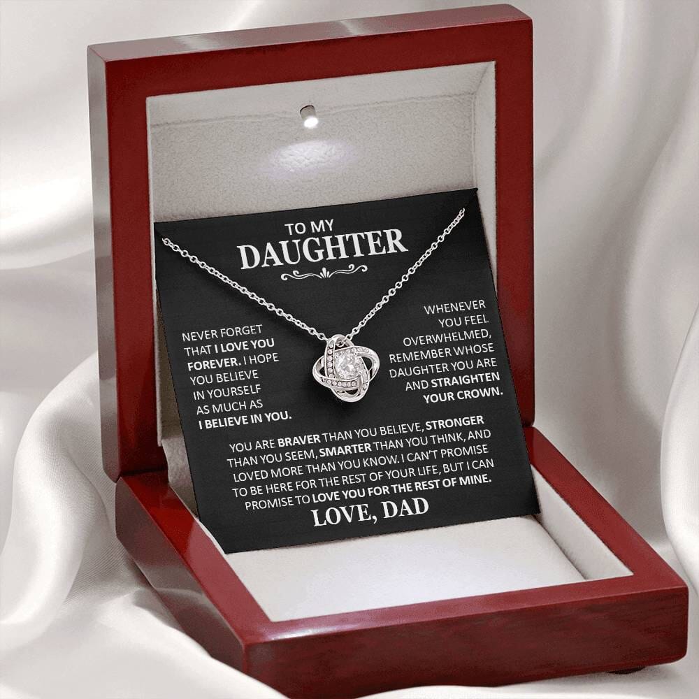 Unique Gift for Daughter From Dad "Never Forget That I Love You" Necklace Jewelry 14K White Gold Finish Mahogany Style Luxury Box (w/LED)
