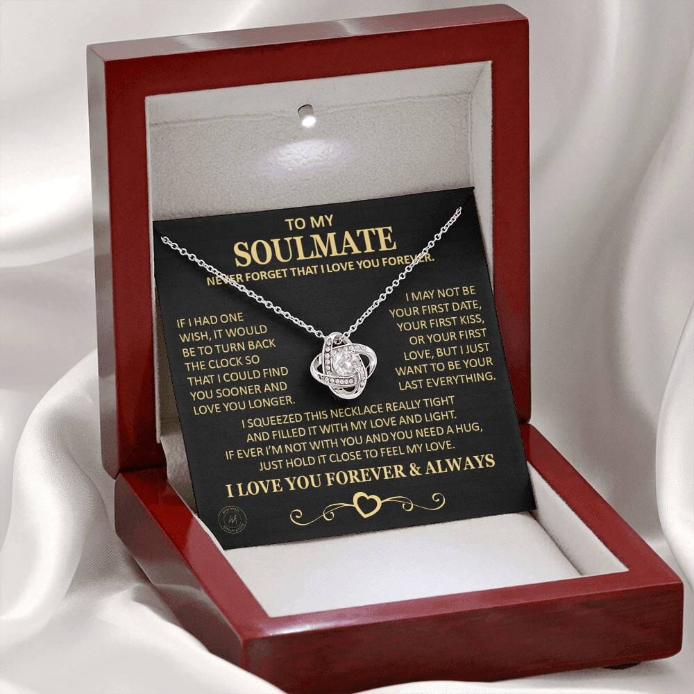 Gift for Soulmate "If I Had One Wish" Gold Knot Necklace Jewelry 14K White Gold Finish Mahogany Style Luxury Box w/ LED Light (Most Popular)