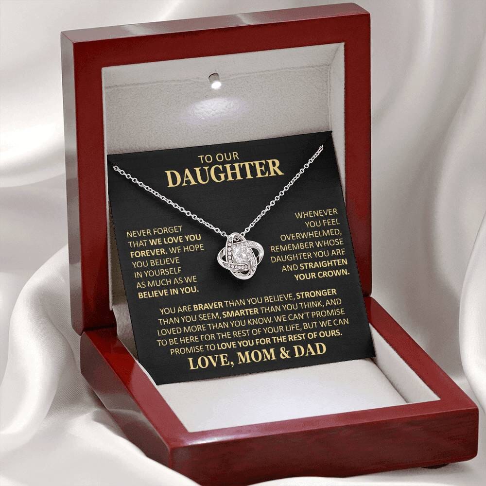 Beautiful Gift for Daughter From Mom and Dad "Never Forget That We Love You" Necklace Jewelry 14K White Gold Finish Mahogany Style Luxury Box (w/LED)