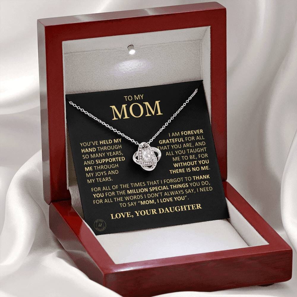 Beautiful Gift for Mom From Daughter "Without You There Is No Me" Knot Necklace Jewelry 14K White Gold Finish Mahogany Style Luxury Box (w/LED)