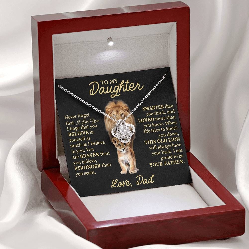 Beautiful Gift for Daughter from Dad "This Old Lion" Necklace Jewelry 14K White Gold Finish Mahogany Style Luxury Box w/LED Light (Most Popular)