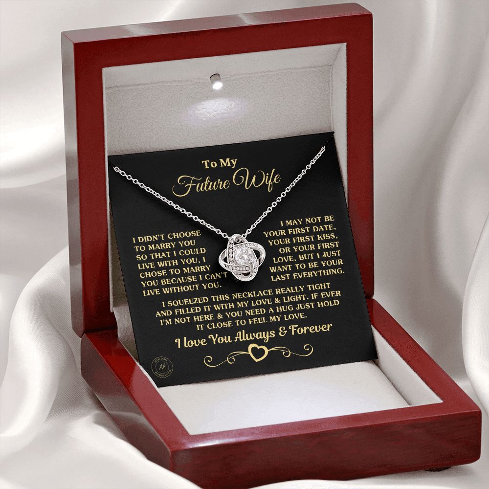 Gift for Future Wife "I Can't Live Without You" Gold Knot Necklace Jewelry 14K White Gold Finish Mahogany Style Luxury Box (w/LED)