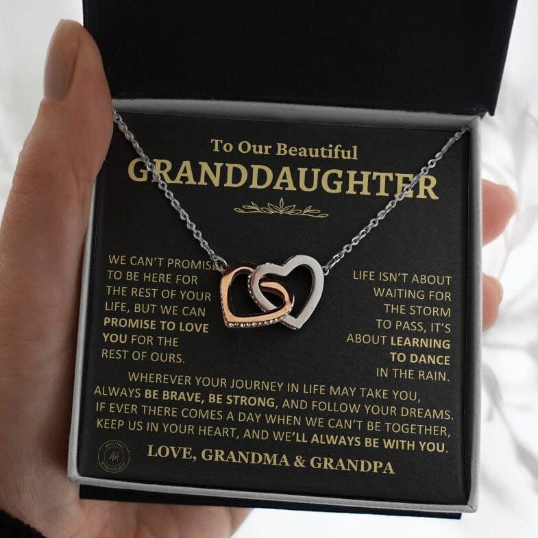 Gift for Granddaughter From Grandma and Grandpa "Keep Us In Your Heart" Interlocking Hearts Necklace Jewelry Polished Stainless Steel & Rose Gold Finish Two-Toned Gift Box