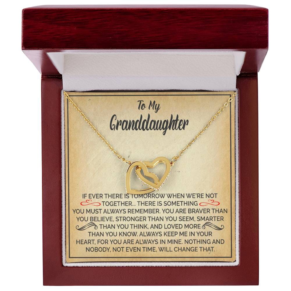 Beautiful Gift for Granddaughter "Keep Me In Your Heart" Interlocking Hearts Necklace Jewelry 18K Yellow Gold Finish Mahogany Style Luxury Box (w/LED Light)