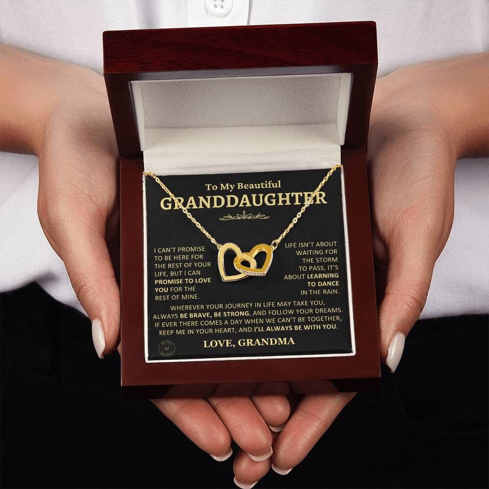 Gift for Granddaughter From Grandma "Keep Me In Your Heart" Interlocking Heart Necklace Jewelry 18K Yellow Gold Finish Mahogany Style Luxury Box (w/LED)