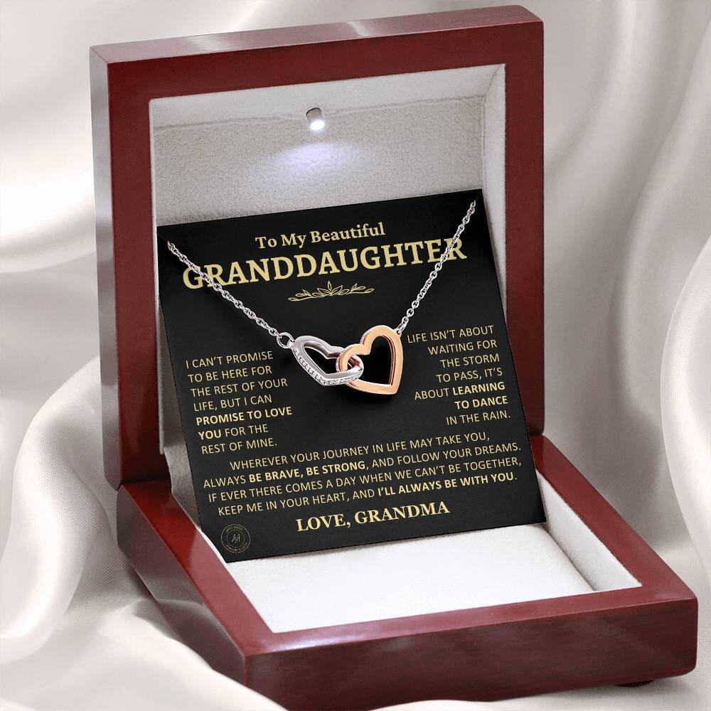 Gift for Granddaughter From Grandma "Keep Me In Your Heart" Interlocking Heart Necklace Jewelry Polished Stainless Steel & Rose Gold Finish Mahogany Style Luxury Box (w/LED)